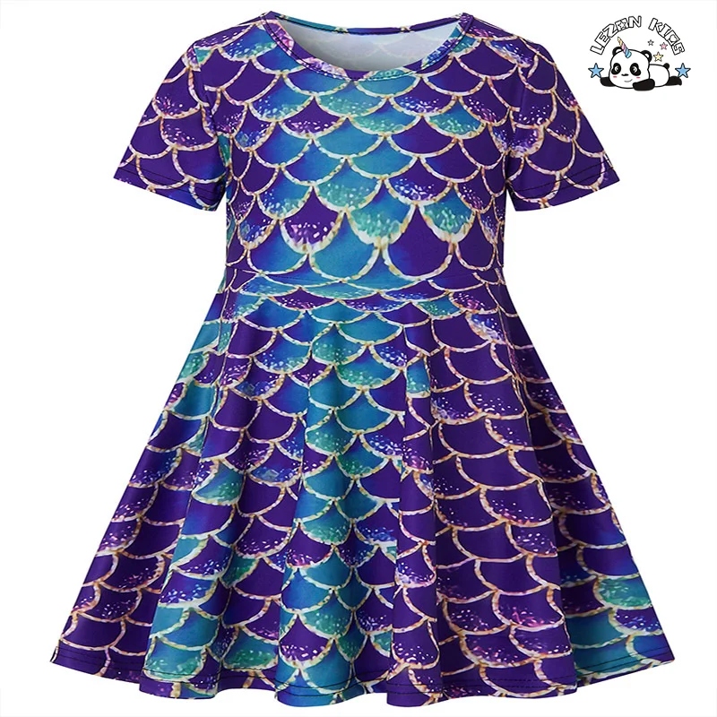 LEZONKIDS - 2024 Factory Direct Sales European American Style Printed Short Sleeve Girls Dress for Children's Clothing